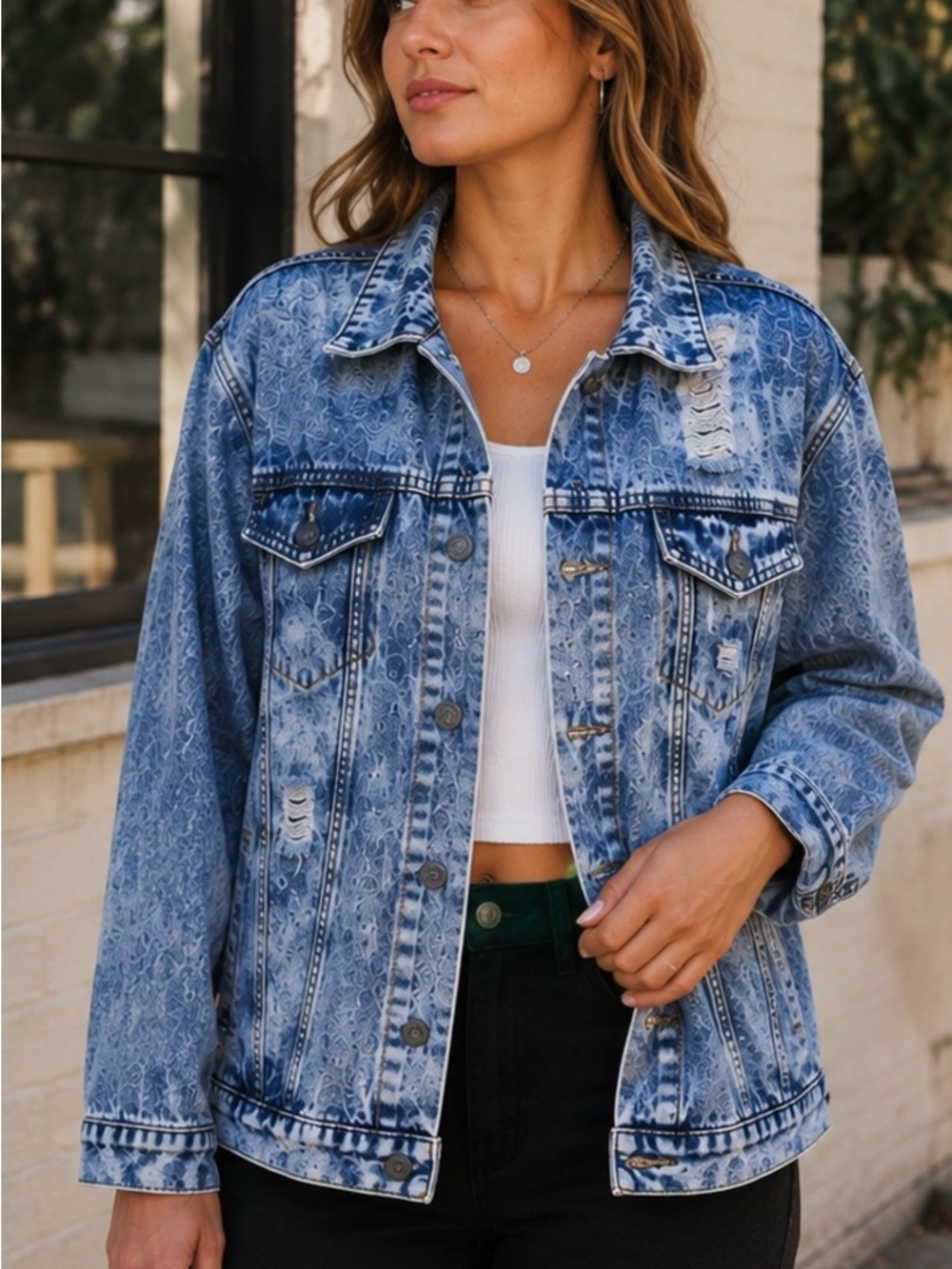 Rebel Star Acid-Wash Blue Distressed Denim Jacket - Women's Jean Jacket, Large
